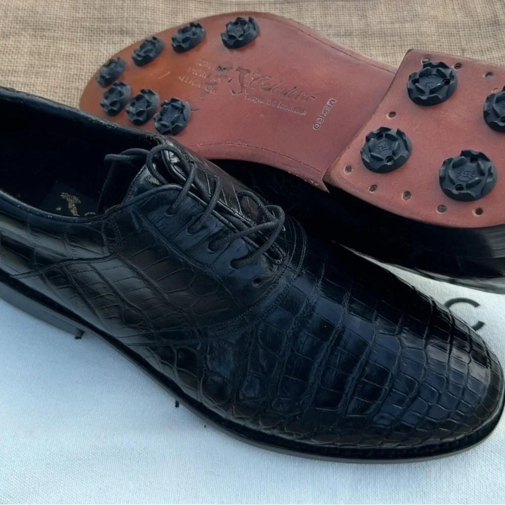 Black Genuine American Alligator Men's Golf/Dress Shoes 8.5 Removable spikes! - Picture 1 of 3